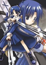 Rule 34 | 00s, 1girl, black keys (type-moon), blade, blue dress, blue eyes, blue hair, boots, ciel (tsukihime), collar, cross print, dress, expressionless, eyebrows, looking at viewer, matching hair/eyes, serious, shoelaces, short hair, sidelocks, solo, standing, tsukihime, weapon