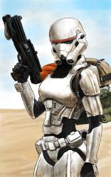 Rule 34 | 1girl, armor, backpack, bag, black gloves, breastplate, clenched hand, galactic empire, gloves, gun, head tilt, helmet, holding, holding gun, holding weapon, izo (bjc000510), looking down, solo, star wars, stormtrooper, weapon