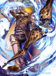 Rule 34 | 1boy, arrow (projectile), blonde hair, blue eyes, boots, bow (weapon), company name, drawing bow, fire emblem, fire emblem: radiant dawn, fire emblem cipher, gloves, holding bow (weapon), leonardo (fire emblem), male focus, nintendo, official art, setsu albatross, solo, weapon