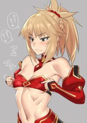 Rule 34 | 1girl, abs, blonde hair, blush, braid, breast conscious, breast poke, breasts, cleavage, detached sleeves, fate/apocrypha, fate (series), french braid, green eyes, mikoyan, mordred (fate), mordred (fate/apocrypha), navel, poking, solo, sweat, thought bubble, translation request, underboob