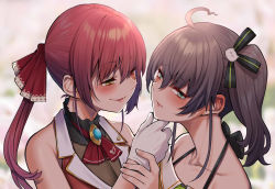 Rule 34 | 2girls, ahoge, blush, brooch, brown hair, collarbone, grabbing another&#039;s chin, hair between eyes, hair ornament, hair ribbon, hand on another&#039;s chin, heterochromia, highres, hololive, houshou marine, jewelry, long hair, looking away, mikan (chipstar182), multiple girls, natsuiro matsuri, natsuiro matsuri (1st costume), red eyes, red hair, red ribbon, ribbon, side ponytail, sleeveless, twintails, virtual youtuber, yellow eyes, yuri