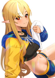 Rule 34 | blonde hair, ett, highres, hololive, midriff, navel, pointy ears, red eyes, shiranui flare, shorts, smile, sweat, sweater, tagme, towel, virtual youtuber