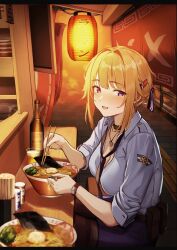 Rule 34 | 1girl, 3 small spiders, absurdres, alcohol, beer, belt pouch, black pantyhose, blue shirt, blush, bottle, breasts, brown hair, choker, chopsticks, cleavage, collarbone, food, girls&#039; frontline, grizzly mkv (elite on patrol) (girls&#039; frontline), grizzly mkv (girls&#039; frontline), hair intakes, hair ornament, hair ribbon, hairclip, highres, izakaya, jewelry, lantern, looking at viewer, loose necktie, medium breasts, necklace, necktie, noodles, open mouth, pantyhose, paper lantern, pencil skirt, police, police uniform, policewoman, pouch, purple eyes, ramen, ribbon, shirt, short hair, sitting, skirt, smile, solo, uniform, watch, wristwatch