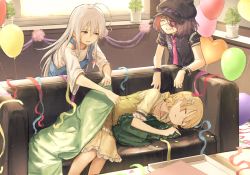 Rule 34 | 3girls, ahoge, balloon, bionekojita, blanket, bracelet, braid, cabbie hat, closed eyes, commentary request, confetti, couch, covering with blanket, decorations, dress, drill hair, eyepatch, floral print, frilled dress, frills, grey eyes, grey hair, grin, hair ornament, hat, hayasaka mirei, heart balloon, hoshi syoko, idolmaster, idolmaster cinderella girls, idolmaster cinderella girls starlight stage, individuals, jewelry, light brown hair, long hair, lying, morikubo nono, multicolored hair, multiple girls, necklace, necktie, on side, overalls, plant, potted plant, purple hair, ringlets, shirt, short hair, short sleeves, side braid, single braid, sleeping, smile, streaked hair, streamers, t-shirt, two-tone hair, under covers