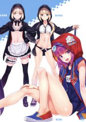 Rule 34 | 3girls, absurdres, apron, artoria pendragon (alter swimsuit rider) (fate), artoria pendragon (alter swimsuit rider) (second ascension) (fate), artoria pendragon (fate), artoria pendragon (swimsuit archer) (fate), artoria pendragon (swimsuit archer) (second ascension) (fate), bikini, blonde hair, blush, breasts, character name, closed mouth, fate/grand order, fate (series), foot out of frame, frilled skirt, frills, full body, goggles, goggles on head, green eyes, hand on own hip, helena blavatsky (fate), helena blavatsky (swimsuit archer) (fate), helena blavatsky (swimsuit archer) (first ascension) (fate), highres, holding, hood, jacket, knee up, legs, long hair, long sleeves, looking at viewer, matsuryuu, midriff, multiple girls, navel, one-piece swimsuit, open clothes, open jacket, pale skin, purple eyes, purple hair, scan, shiny skin, shoes, short hair, simple background, sitting, skirt, sleeveless, small breasts, smile, standing, stomach, swimsuit, thighhighs, thighs, waist apron, yellow eyes