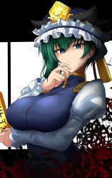 Rule 34 | 1girl, absurdres, aikir (jml5160), arm under breasts, asymmetrical hair, blue eyes, blue vest, breasts, buttons, flower, frills, gold trim, green hair, hair between eyes, hand on own chin, hand up, hat, highres, holding, holding stick, juliet sleeves, large breasts, long sleeves, looking at viewer, puffy sleeves, red flower, rod of remorse, shiki eiki, simple background, solo, spider lily, stick, touhou, upper body, vest, white background
