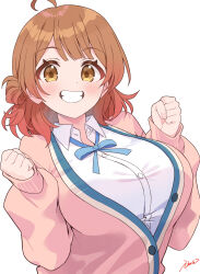 Rule 34 | 1girl, ahoge, blue ribbon, blush, breasts, brown cardigan, brown hair, cardigan, clenched hands, commentary request, fingernails, gakuen idolmaster, gradient hair, grin, hair bun, hanami ume, idolmaster, ima (lm ew), large breasts, looking at viewer, multicolored hair, neck ribbon, ribbon, shirt, signature, simple background, single side bun, smile, solo, upper body, white background, white shirt