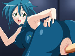 Rule 34 | 1girl, allenby beardsley, ass, bent over, blue bodysuit, blue hair, blush, bodysuit, censored, crotchless, covered erect nipples, from behind, g gundam, green eyes, gundam, prede, pussy, sex, torn bodysuit, torn clothes, vaginal