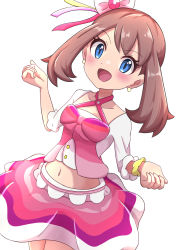 Rule 34 | 1girl, :d, absurdres, blue eyes, blush, brown hair, cowboy shot, creatures (company), earrings, eyelashes, game freak, highres, idol, jewelry, looking at viewer, may (pokemon), midriff, navel, nintendo, official alternate costume, open mouth, pink skirt, pokemon, pokemon oras, rono (lethys), skirt, smile, solo, white background