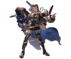 Rule 34 | 10s, 1boy, armor, armored boots, beard, blue eyes, boots, braid, brown hair, cape, facial hair, full body, granblue fantasy, gun, jewelry, male focus, minaba hideo, multicolored hair, necklace, official art, solo, transparent background, two-tone hair, weapon, white hair, yngwie