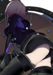 Rule 34 | 1girl, armor, armored leotard, ashino moto, ass, black armor, black leotard, black thighhighs, breasts, fate/grand order, fate (series), head-mounted display, highres, holding, holding shield, large breasts, leotard, light purple hair, mash kyrielight, mash kyrielight (ortenaus), shield, short hair, thighhighs