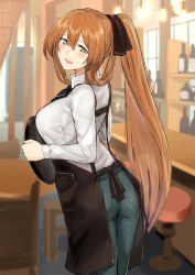 Rule 34 | :d, alternate costume, apron, ass, blush, bow, breasts, brown apron, brown bow, brown hair, from side, girls&#039; frontline, green eyes, green pants, hair between eyes, hair bow, hair rings, highres, holding, holding tray, large breasts, long hair, open mouth, pants, poco (backboa), ponytail, shirt, sidelocks, smile, solo, springfield (girls&#039; frontline), tray, very long hair, waiter, white shirt