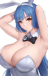 Rule 34 | 1girl, absurdres, armpit crease, armpits, arms behind head, bare shoulders, blue hair, breasts, cleavage, collarbone, commission, detached collar, girls&#039; frontline, highres, large breasts, leotard, long hair, official alternate costume, pixiv commission, playboy bunny, shikube, solo, sweat, tar-21 (girls&#039; frontline), tar-21 (night at the bar) (girls&#039; frontline), very long hair, yellow eyes