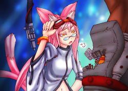 Rule 34 | 1girl, animal ears, ayu minori, blazblue, breasts, cable, cat ears, cat tail, dark skin, glasses, goggles, goggles on head, iron tager, kokonoe (blazblue), long hair, mechanical parts, multiple tails, pince-nez, pink hair, repairing, small breasts, solo focus, tail, two side up, wide sleeves, yellow eyes