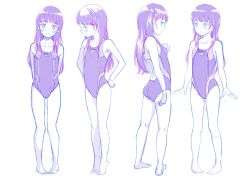 Rule 34 | 1girl, bare shoulders, barefoot, blush, closed mouth, collarbone, competition swimsuit, dot nose, eyebrows, eyebrows hidden by hair, female focus, full body, legs together, long hair, looking at viewer, looking back, mayafufu, mole, mole under mouth, multiple views, one-piece swimsuit, purple hair, simple background, smile, standing, swimsuit, tagme, tiptoes, toes
