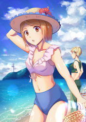 Rule 34 | 2girls, arm up, blonde hair, blue shorts, blue sky, breasts, brown hair, cleavage, closed mouth, cloud, collarbone, crop top, day, flower, hat, hat flower, hibiscus, high-waist shorts, lighthouse, micro shorts, midriff, multiple girls, nanaba, navel, open mouth, outdoors, petra ral, profile, red flower, ribbon, shingeki no kyojin, shiny skin, short hair, shorts, sky, sleeveless, small breasts, smile, stomach, straw hat, swept bangs, twitter username, white ribbon, yusshii