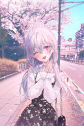 Rule 34 | 1girl, ;d, ahoge, bag, black bag, black dress, braid, building, bush, cherry blossoms, commentary, cowboy shot, day, dress, floral print, hair between eyes, handbag, highres, long hair, long sleeves, looking at viewer, low twintails, one eye closed, open mouth, original, outdoors, own hands together, palms together, photo background, pink hair, purple eyes, rangu, road, road sign, shirt, sidewalk, sign, sleeveless, sleeveless dress, smile, solo, standing, street, tree, twintails, utility pole, white shirt