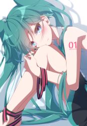 Rule 34 | 1girl, aosaki yato, aqua hair, bare arms, bare shoulders, black skirt, blue eyes, bound, bound legs, commentary, curled up, grey shirt, hatsune miku, highres, holding, holding ribbon, hugging own legs, light blush, long hair, looking at viewer, looking to the side, miku day, miniskirt, pleated skirt, ribbon, shadow, shirt, sitting, skirt, sleeveless, sleeveless shirt, smile, solo, twintails, very long hair, vocaloid