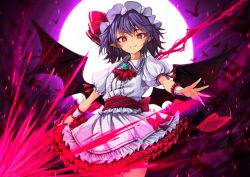 Rule 34 | .sin, 1girl, ascot, bat wings, collared shirt, frilled shirt collar, frilled skirt, frilled sleeves, frills, hat, highres, mob cap, puffy short sleeves, puffy sleeves, purple hair, red ascot, red eyes, remilia scarlet, shirt, short hair, short sleeves, skirt, skirt set, solo, spear the gungnir, touhou, white hat, white shirt, white skirt, wings, wrist cuffs