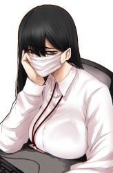 Rule 34 | 1girl, black hair, blouse, bralines, breast rest, breasts, chair, closed mouth, collared shirt, covered mouth, grey eyes, head rest, highres, hoshi san 3, id card, keyboard (computer), lanyard, large breasts, long sleeves, looking at viewer, mask, mole, mole on neck, mole under eye, mouth mask, office lady, on chair, original, shirt, simple background, sitting, solo, surgical mask, upper body, white background, white shirt, wing collar