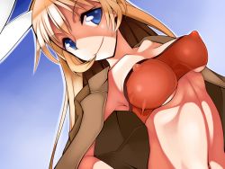 Rule 34 | 1girl, animal ears, armpits, blonde hair, blue eyes, breasts, charlotte e. yeager, collarbone, covered erect nipples, impossible clothes, irodori (irotoridori), jacket, large breasts, long hair, navel, perky breasts, rabbit ears, rabbit girl, smile, solo, strapless, strike witches, tube top, underboob, world witches series