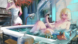 Rule 34 | 3girls, absurdres, bathing, bathtub, breasts, commentary, completely nude, drying, drying hair, english commentary, hakos baelz, highres, hololive, hololive english, large breasts, mask on breasts, mouse tail, mr. squeaks (hakos baelz), multiple girls, naked towel, nude, smol ame, tail, towel, virtual youtuber, vyragami, watson amelia