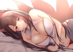 Rule 34 | 1girl, akagi (azur lane), animal ears, azur lane, bare arms, bare shoulders, bed sheet, blunt bangs, breasts, breasts squeezed together, brown hair, cleavage, closed mouth, cropped shirt, eyeshadow, fox ears, fox girl, fox tail, hair tubes, highres, hime cut, large breasts, light blush, looking at viewer, lying, makeup, midriff, miyagi ratona, multiple tails, navel, on bed, on side, panties, red eyes, red eyeshadow, red panties, shirt, sidelocks, smile, solo, tail, underwear, white shirt