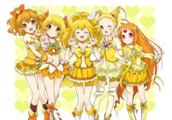 Rule 34 | 00s, 10s, 5girls, bike shorts, blonde hair, boots, bow, brooch, bubble skirt, choker, circlet, color connection, cone hair bun, cure lemonade, cure muse, cure muse (yellow), cure peace, cure pine, cure sunshine, double v, dress, earrings, closed eyes, fresh precure!, frills, hair bun, hair flaps, hair ornament, hair ribbon, heart, heart brooch, heart hair ornament, heartcatch precure!, instrument, jewelry, kasugano urara (yes! precure 5), kise yayoi, knee boots, long hair, looking at viewer, magical girl, midriff, multiple girls, myoudouin itsuki, one eye closed, open mouth, orange hair, pink background, ponytail, precure, purple eyes, revision, ribbon, shirabe ako, short hair, shorts, shorts under skirt, skirt, smile, smile precure!, suite precure, thighhighs, tiara, twintails, v, wink, wrist cuffs, yamabuki inori, yellow bow, yellow dress, yellow eyes, yellow legwear, yellow shorts, yellow skirt, yellow theme, yes! precure 5, yes! precure 5 gogo!, yupachi