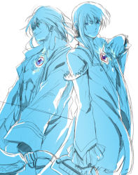 Rule 34 | 00s, 2boys, ayumiso, blue theme, long hair, male focus, monochrome, multiple boys, open clothes, open shirt, raven (tales), shirt, simple background, smile, spoilers, tales of (series), tales of vesperia, white background, yeager (tales)