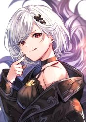 Rule 34 | 1girl, :q, alter ego malevolent (granblue fantasy), bare shoulders, black camisole, black jacket, black nails, camisole, commentary, djeeta (granblue fantasy), feather boa, finger to cheek, granblue fantasy, grey hair, hair ornament, jacket, kingyo 114, long sleeves, looking at viewer, looking back, nail polish, off shoulder, pointing, pointing at self, red eyes, short hair, simple background, smile, solo, spaghetti strap, symbol-only commentary, tongue, tongue out, upper body, white background, x hair ornament
