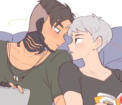 Rule 34 | 1boy, 1girl, animification, apex legends, arrow (symbol), black gloves, black hair, black shirt, blush, book, brown eyes, collarbone, crypto (apex legends), eye contact, gloves, green eyes, green shirt, grey hair, hetero, highres, holding, holding book, jewelry, looking at another, necklace, nojima minami, open mouth, partially fingerless gloves, shirt, short hair, valkyrie (apex legends)