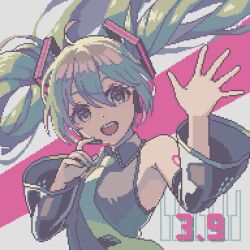 Rule 34 | 1girl, 39, aqua hair, commentary, detached sleeves, elm 25yu, grey background, hatsune miku, highres, long hair, looking at viewer, miku day, number tattoo, open mouth, pixel art, red background, solo, tattoo, teeth, twintails, two-tone background, upper body, upper teeth only, vocaloid