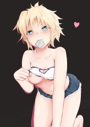 Rule 34 | 1girl, absurdres, aogumaptticrash, bare arms, bare legs, bare shoulders, barefoot, black background, blonde hair, blush, breasts, clothes pull, collarbone, commentary request, condom, condom in mouth, condom wrapper, fate/grand order, fate (series), from below, green eyes, heart, heart-shaped pupils, highres, long hair, looking at viewer, medium breasts, mordred (fate), mordred (fate/apocrypha), mordred (memories at trifas) (fate), mouth hold, navel, nipples, ponytail, shirt pull, short shorts, shorts, simple background, solo, symbol-shaped pupils