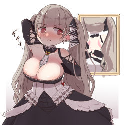 Rule 34 | 1girl, adjusting clothes, azur lane, black dress, black ribbon, blush, breasts, bright pupils, choker, cleavage, commentary, corset, detached sleeves, dress, formidable (azur lane), frown, frustrated, gothic lolita, grey hair, hair ribbon, highres, horoyuki (gumizoku), large breasts, lolita fashion, long hair, mirror, pout, red eyes, ribbon, solo, standing, sweatdrop, twintails, very long hair, wavy mouth, white pupils