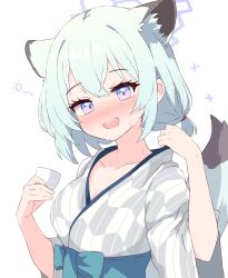 Rule 34 | 1girl, :d, absurdres, animal ear fluff, animal ears, aqua hair, bath yukata, blue archive, choko (cup), collarbone, commentary request, cup, extra ears, fox ears, fox girl, fox tail, hair between eyes, halo, highres, holding, holding cup, japanese clothes, kimono, long sleeves, looking at viewer, low twintails, medium hair, official alternate costume, official alternate hairstyle, open mouth, purple eyes, shigure (blue archive), shigure (hot spring) (blue archive), sidelocks, simple background, smile, solo, squeans, tail, twintails, upper body, white background, wide sleeves, yukata, yukisiannn
