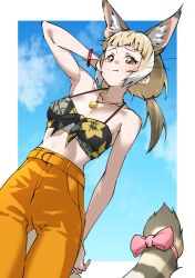 Rule 34 | 1girl, absurdres, alternate costume, animal ear fluff, animal ears, arm behind head, bare arms, bare shoulders, blonde hair, blue sky, blunt bangs, bow, breasts, brown eyes, cloud, commentary, extra ears, floral print, highres, jewelry, jungle cat (kemono friends), kemono friends, light brown hair, long hair, looking at viewer, low twintails, medium breasts, multicolored hair, orange pants, pants, pendant, pink bow, raised eyebrow, sky, solo, tail, tail bow, tail ornament, tanabe (fueisei), thigh gap, twintails, white hair