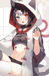 Rule 34 | 1girl, 2022, absurdres, animal ears, animal hood, bandages, black hair, black shorts, black thighhighs, blue eyes, blush, breasts, cat ears, chain, claw pose, collar, crop top, hair ornament, hairclip, hand up, heterochromia, highres, hood, hood up, hooded jacket, indie virtual youtuber, jacket, long sleeves, looking at viewer, midriff, navel, nukota natsuna, open clothes, open jacket, open mouth, red eyes, rope, sarashi, shimenawa, short hair, short shorts, shorts, sitting, small breasts, solo, stomach, tail, tamafurin, teeth, thighhighs, upper teeth only, white thighhighs, wide sleeves