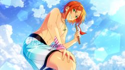 Rule 34 | 10s, 1boy, aoi hinata, artist request, blue male swimwear, blue swim trunks, cloud, day, ensemble stars!, from below, gradient male swimwear, gradient swimsuit, green eyes, grin, hand on own thigh, jewelry, looking at viewer, looking down, male focus, male swimwear, navel, necklace, official art, orange hair, outdoors, print male swimwear, print swim trunks, print swimsuit, sky, smile, solo, sparkle, swim trunks, swimsuit, topless male
