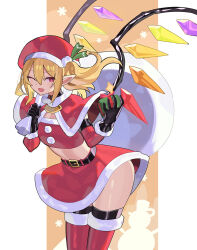 Rule 34 | 1girl, ;d, black gloves, blonde hair, box, capelet, christmas, crystal, falken (yutozin), fang, flandre scarlet, gift, gift box, gloves, hair between eyes, hat, highres, holding, holding gift, looking at viewer, midriff, navel, one eye closed, open mouth, pointy ears, red capelet, red eyes, red hat, red thighhighs, short hair, side ponytail, smile, solo, standing, thighhighs, touhou, wings
