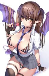 Rule 34 | 1girl, between breasts, bikini, black thighhighs, blouse, bra, bracelet, breasts, brown hair, candy, choker, cleavage, clothes lift, clothing cutout, demon girl, demon tail, demon wings, fingerless gloves, food, from above, gloves, hair between eyes, hair ornament, heart cutout, jewelry, large breasts, lifting own clothes, lollipop, long hair, mataro (matarou), nail polish, necktie, necktie between breasts, open clothes, open shirt, orange eyes, panties, pleated skirt, pointy ears, pubic cutout, school uniform, shirt, simple background, sitting, skindentation, skirt, solo, striped bikini, striped bra, striped clothes, striped panties, swimsuit, tail, thigh strap, thighhighs, twintails, underwear, vertical-striped bikini, vertical-striped clothes, white shirt, wings, yellow eyes