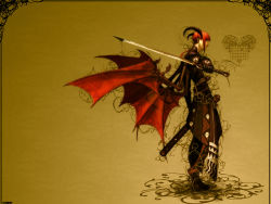 Rule 34 | 1boy, demon wings, gradient background, horns, male focus, profile, solo, sword, wallpaper, weapon, wen-m, wings