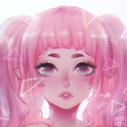 Rule 34 | 1girl, bare shoulders, blush, bright background, double bun, eyelashes, looking at viewer, milkgrrl, nose blush, original, pink eyes, pink hair, pointy ears, portrait, short twintails, simple background, solo, sparkle, twintails, white background