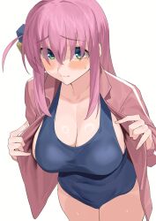 Rule 34 | 1girl, blue eyes, blush, bocchi the rock!, breasts, cleavage, closed mouth, covered navel, cube hair ornament, gotoh hitori, hair ornament, highres, jacket, large breasts, long hair, mm (yoromu), one-piece swimsuit, open clothes, open jacket, pink hair, pink jacket, raised eyebrows, school swimsuit, side ahoge, simple background, solo, sweatdrop, swimsuit, track jacket, very long hair, white background