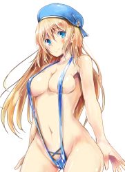 Rule 34 | 10s, 1girl, absurdres, alternate costume, atago (kancolle), blonde hair, blush, breasts, cowboy shot, hat, highres, kantai collection, korezyanai, long hair, looking at viewer, slingshot swimsuit, smile, solo, swimsuit, white background