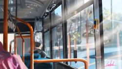 Rule 34 | banishment, blurry, blurry background, bus interior, commentary request, day, handlebar, highres, light rays, original, people, reflection, scenery, signature, window