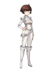 Rule 34 | 1girl, armor, boots, brown hair, eyepatch, grey eyes, hand on own hip, long sleeves, looking at viewer, original, pants, shirt, short hair, simple background, smile, solo, sookmo, white armor, white background, white footwear, white pants, white shirt