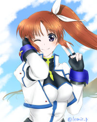 Rule 34 | 1girl, ;), blue eyes, blue sky, brown hair, closed mouth, cloud, cloudy sky, cropped jacket, dated, day, dress, hair ribbon, hand in own hair, high collar, highres, jacket, juliet sleeves, leonis g, long hair, long sleeves, looking at viewer, lyrical nanoha, magical girl, one eye closed, outdoors, puffy sleeves, ribbon, side ponytail, sky, smile, solo, takamachi nanoha, takamachi nanoha (exceed mode), twitter username, v, valentine, white dress, white jacket, white ribbon, wind