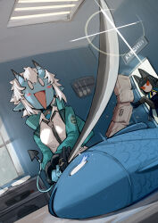 2girls absurdres anger_vein angry animal_ears black_necktie blue_skin blunt_bangs colored_skin dodo_(yatotoyatoto) fish fox_ears fox_girl green_jacket hair_between_eyes highres holding holding_sword holding_weapon hoshimi_miyabi indoors jacket kicking long_hair multiple_girls necktie open_mouth pointy_ears short_hair sidelocks smile soukaku_(zenless_zone_zero) standing sword tail weapon white_hair window zenless_zone_zero