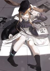 Rule 34 | 1girl, amiya (arknights), amiya (newsgirl) (arknights), animal ears, anizi, arknights, ascot, black jacket, blue eyes, brown hair, feet, frilled ascot, frills, hat, highres, jacket, jewelry, multiple rings, neck ring, news, newspaper, newsprint background, official alternate costume, one eye closed, rabbit ears, resolution mismatch, ring, socks, solo, source larger, thighlet, thumb ring