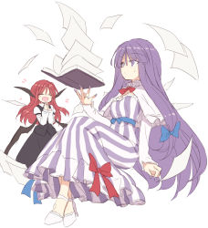 Rule 34 | 2girls, :d, ^ ^, book, breasts, closed eyes, dress, head wings, holding, koakuma, long hair, long sleeves, multiple girls, necktie, open mouth, patchouli knowledge, purple eyes, purple hair, red hair, satou kibi, shirt, skirt, smile, striped clothes, striped dress, touhou, vertical-striped clothes, vertical-striped dress, very long hair, white background, wings
